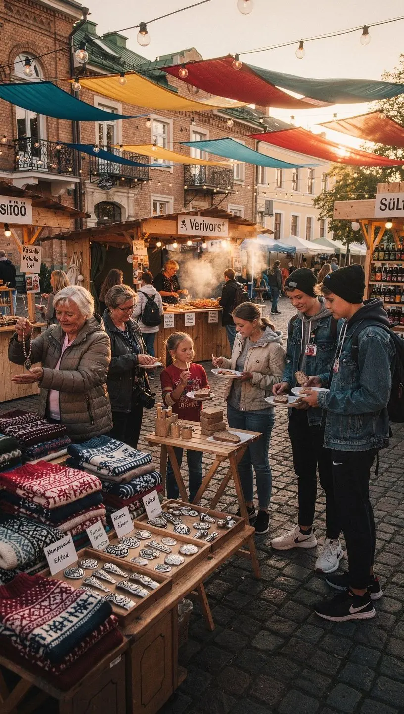 Rahvarohke nädalapikkune mikrofestival väikelinna tänavatel, rõõmsad osalejad.